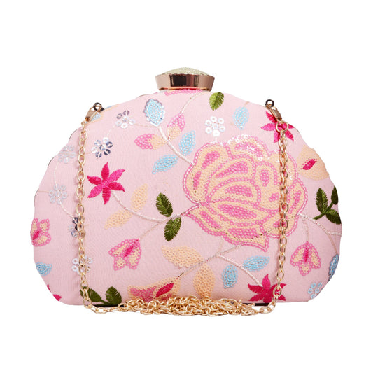Pink Embroidered Half Moon Clutch