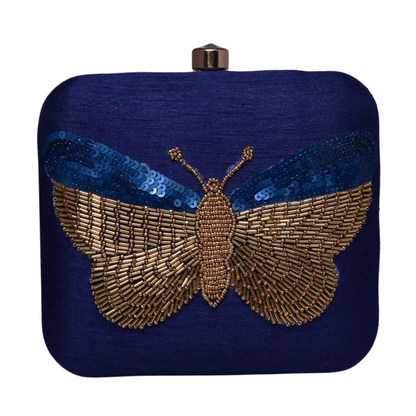 ROYAL BLUE EMBROIDERY WORK ART SILK CLUTCH