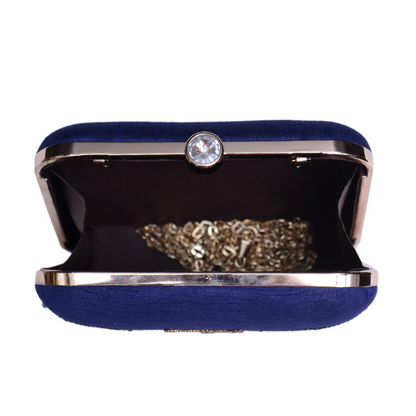 Dark Blue Embroidered Work Art Silk Clutch