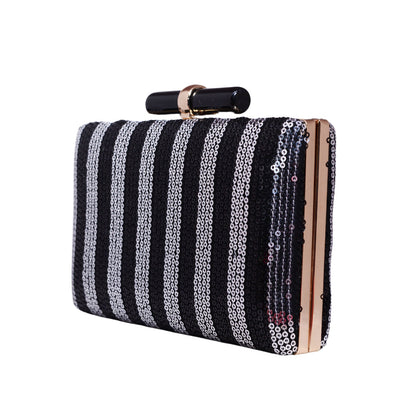 Black and Silver Sequins Fabric Party Clutch