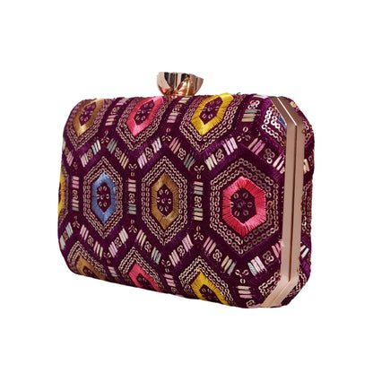 Wine Rectangle Sequins Embroidered Clutch